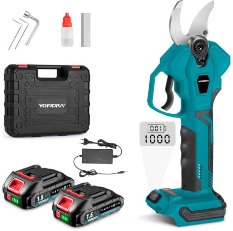 Yofidra Tijeras de Podar a Baterías - Diámetro de Corte 30 mm, Apertura de 45 mm, Tijeras de Podar Eléctricas de 4 Velocidades con 2 Cargadores de Batería, para Cuidado del Jardín, Poda de Arbustos