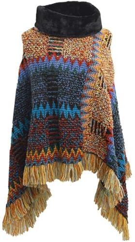 Lipfer Capes d'automne d'hiver pour Femmes, Poncho avec Ourlet À Franges, Cape en Crochet, Pull National Tricoté, Châle Chaud en Laine pour Femmes