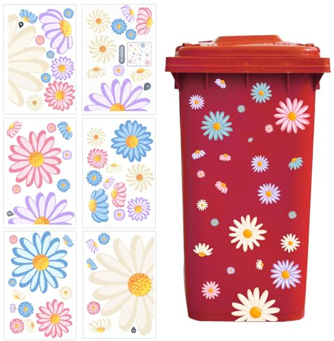 Wheelie Bin Stickers Flowers, 6 Sheets Flower Bin Sticker for Wheelie Bin Daisy Dustbin Sticker Self Adhesive Wheelie Bin Labels Waterproof Daisy Stickers for Bins, Fridge, Wall Decoration(6)