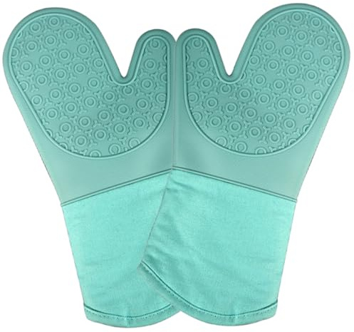 POPETPOP Maniques Cuisine Longues Antidérapantes en Silicone Doublure Coton, Résistantes la Chaleur, Isolantes Thermiques pour Cuisson Four et Micro-Ondes, Lot de 2 Bleu Nordique