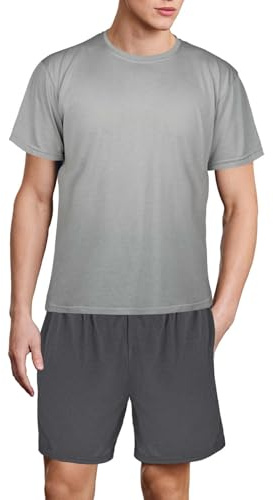 DiULi Ensemble Pyjama Haut à col Rond et Bas Court pour Hommes,100% Polyester Pyjama Pyjama d'Été Homme,Nuit Vêtements de Détente Vêtement d'Intérieur avec Poches Doux, léger et respirant,Plaid Gris,L