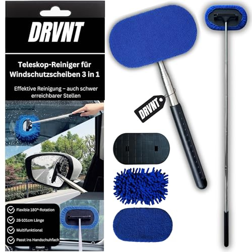 DRVNT Nettoyeur de pare-brise de voiture intérieur et extérieur - 3 en 1 télescopique - Nettoyeur d'intérieur de voiture avec tampon en microfibre, extracteur et tête rotative - Nettoyeur de vitres