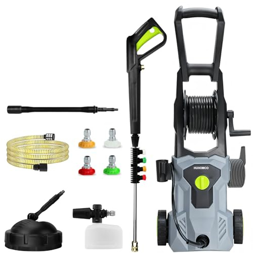Huhomco Idropulitrice Elettrica ad Alta Pressione 180 Bar,max 450 l/h- Altezza 86 cm, Cavo Alimentazione 6m e Tubo 11m, 5 Ugelli per Pulizia Auto, Vialetti e Cortili