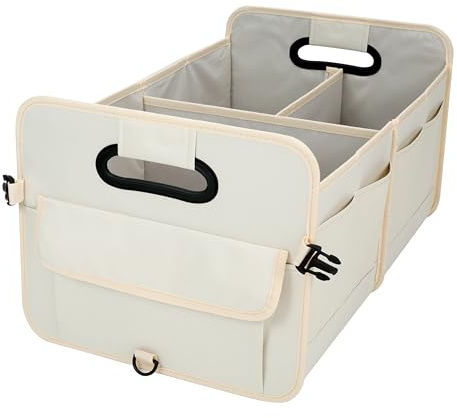 austoces Car Boot Organizer,Collapsible Durable Multi Compartments Car Storage Organiser With Adjustable Straps (Beige)