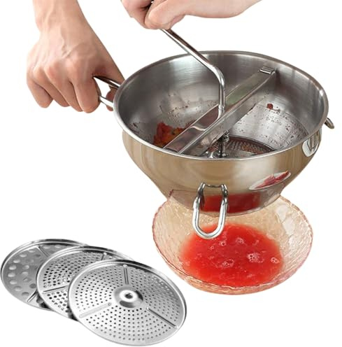 Molino de acero inoxidable – Molinillo de alimentos manual, molino de manivela ergonómico, 3 discos de fresado | Herramienta de cocina versátil para filtrar, triturar, mezclar verduras, frutas
