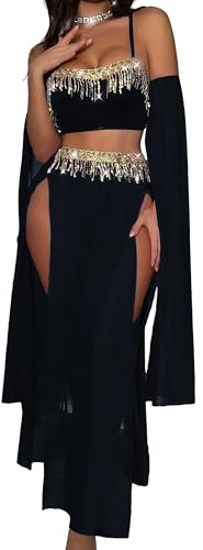 FEOYA Womens Rave Outfit Sexy Cosplay Lingerie Costume Outfit Mesh Sheer Fringe Sequin Bikini Set Black M