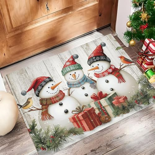 MLSOWM Fußmatte Landhausstil 80x120 cm Innen und Außen Waschbar Fussmatt Schneemann mit Weihnachtsmütze Rutschfester Teppich Schmutzfangmatte für Eingang, Haustür, Patio, Flur, Weiß