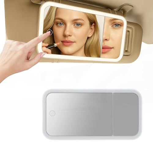 Led Car Vanity Mirror with Lights - 3 Color Temperature Sun Visor Vanity Cars-Mirror with 5x Magnification Area, Touch Control Rechargeable Cars Rear View Visor Mirrors, Car-Interior Accessories