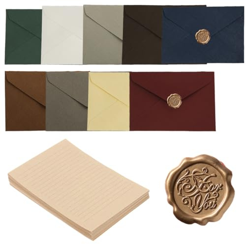 ROKZELT Briefpapier mit Umschlag Set, 9 Vintage Briefpapier mit 20 Umschlag, 9 Selbstklebend Wachssiegel-aufkleber, Vintage Papier mit Linien, Briefumschlag Briefpapier, für Einladung Liebesbrief