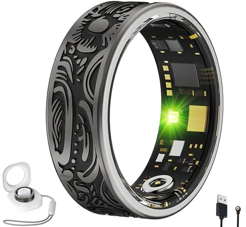 Smart Fitness Ring Tracker with Heart Rate, Sleep Monitor, Blood Pressure Oxygen Step Counter IP68 Waterproof, Bluetooth iOS Android, Calories Pedometer USB Rechargeable Retro Design for Men Women (9)