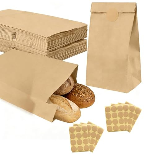100 Stück Brottüten Papier Groß mit 120 Aufklebern | Stabile mit Quadratboden | Vielseitig für Brot, Gebäck, Geschenke & DIY