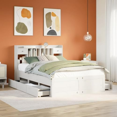 Runheo Massivholzbett Weiß 140x190 cm, Kiefernholz Bettrahmen mit Lattenrost, Kopfteil Regal & Schubladen, platzsparendes Möbel für Schlafzimmer