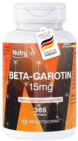 Nutrifair Bêta-carotène, 365 gélules, 15mg par gélule, équivalent à 25.000 UI, Hautement dosé, fabrication allemande et testé en laboratoire, Premium et équitable
