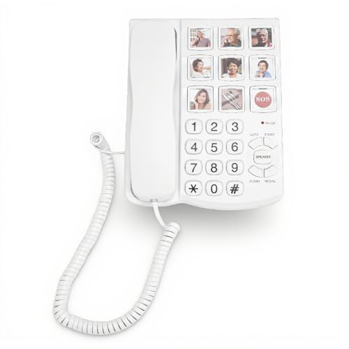 SENECESLI Telefon med Stora Knappar, 9 Avbildade Stora Knappar med Minnesfunktion för Snabbval, Justerbar Ringsignal, Högtalartelefon och LED-uppringningsindikator för Synskadade och äldre