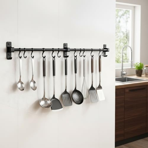 KINHARD 80 cm Schwarz Hakenleiste Küche mit 12 Beweglichen Haken, Aluminium | Multifunktionaler Stange für Küchenutensilien Küchenreling, Küchenstange für Aufbewahrung Löffeln, Handtüchern, Scheren