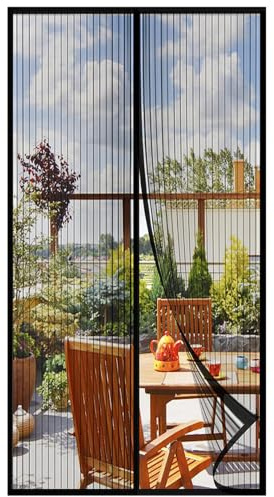 DDUP Magnetic Screen Door,Heavy Duty Self-Sealing Fly Mesh,with Powerful Magnets & Full Frame Magic Tape No Gap,Lets Fresh Air in (with Stay Open Buckles,Black) (W90*L200CM)