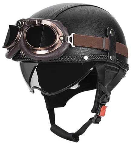 Mezzo Caschi Motociclista Pelle Retrò Caschi Moto Jet E Demi-Jet Con Occhiali Mezzo Casco Scodella Portatile Per Uomo Donna ECEDOT Omologato Casco Ciclomotore Scooter 2,M:57-58CM
