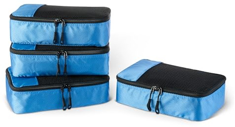 Amazon Essentials Ensemble de 4 Cubes de Rangement, Organisateurs de Voyage avec Double Fermeture Éclair, Dessus en Maille, 100% Polyester, Taille S, Bleu Ciel (Anciennement Amazon Basics)