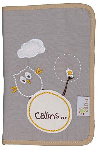 P'tit Basile - Protège Carnet de Santé bébé mixte - Coton Bio - Broderie Chouette - 24x17 cm taille standard unique - fermeture par boutons pression - ouatiné