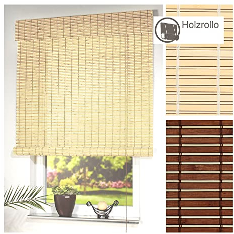 Liedeco Rollo Holz mit Seitenzug, Holzrollo für Fenster und Tür Natur B 100 cm x L 170 cm