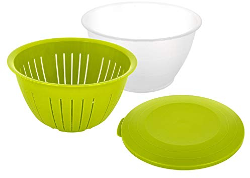 Westmark Cuenco para servir/Escurridor con tapa y colador, 3 partes, Capacidad: 4,4 litros, Plástico, Sin BPA, Olympia, Color: Transparente/verde, 2418227A