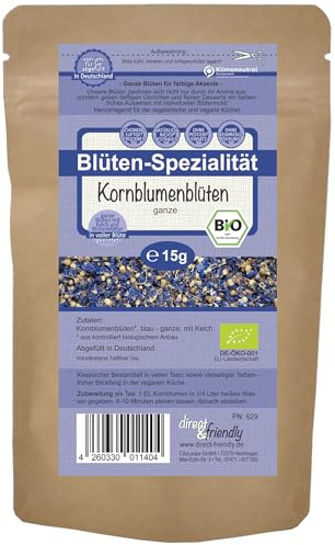 direct&friendly | blaue Bio Kornblumenblüten mit Kelch | 15g | essbare Premium Qualität | Tee