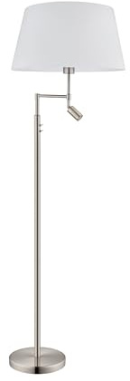 EGLO LED Stehlampe Santander, 2 flammige Stehleuchte aus Metall, Textil | Wohnzimmerlampe in Silber, Weiß, Deckenfluter mit Leselampe, Lampe mit Schalter, E27 Fassung