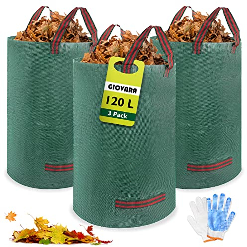 GIOVARA Heavy Duty Garden Waste Bags 120L x 3 Reinforced Reusable Sacks with Handles, Tear-Resistant Garden Storage Bags for Grass Clippings, Leaves, Green Waste