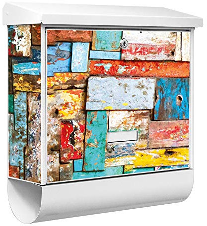 banjado® Burgwächter Briefkasten Weiß 38x39x12cm mit Motiv Bunte Holzschindeln/Briefkasten mit Zeitungsfach/Briefkasten mit Zeitungsrolle/Postkasten inkl. Montagematerial & 2 Schlüsseln