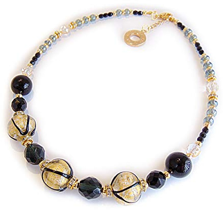 VENEZIA CLASSICA - Damen Halskette mit echte Murano Glas Perlen, Kollektion Aida, Perlen mit 24kt Blattgold und schwarze Maserung, Handgemacht in Italien