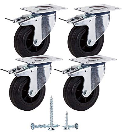 (Lot de 4 pièces) Roues pivotantes en caoutchouc à mouvement souple de 80 mm Roulettes avec plaques métalliques Roulettes Chariot industriel (4, avec freins)