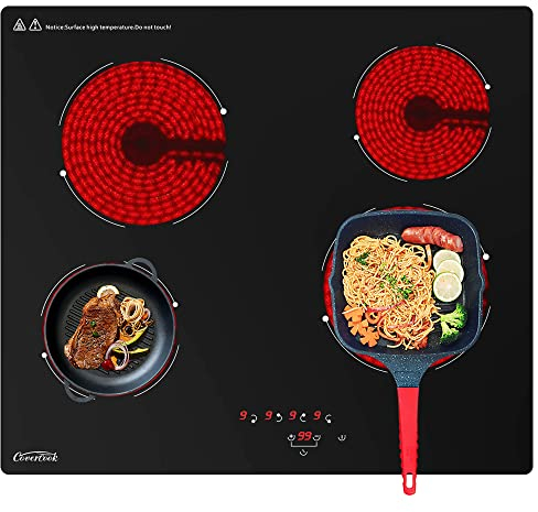 COVERCOOK Quemador de vitrocerámica eléctrica de 60 cm, Placa calefactora incorporada, vitrocerámica de Cocina de Vidrio Negro con 4 Zonas de cocción