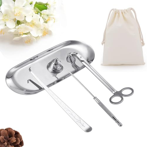 QeeHeng Kerzenlöscher-Dochtschneider mit Tablett, 4-in-1 Kerzendocht-Stopper, Flammenschneider, Kerzen-Zubehör-Set, Kerzenpflegeset, Kerzendochtlöffel, Kerzen-Feuerstopper (Silber)