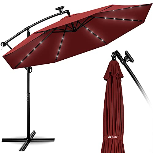 tillvex Alu Ampelschirm LED Solar Ø 300 cm mit Kurbel + Abdeckung | Sonnenschirm mit An-/Ausschalter & Windschutz | Gartenschirm UV-Schutz Aluminium | Kurbelschirm mit Ständer Marktschirm wasserdicht