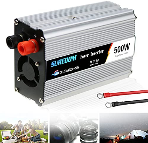 YNITJH Inversor Onda Pura,Transformador 300W/500W/600W/800W/1000W/1200W/1500W/2000W DC 12V A AC 220V,con Tomas y USB Encendedor de Coche,para Autocaravana en casa,12V/110V-500W