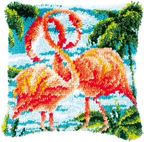Vervaco Knüpfkissen Set Deko Kissenbezug Knüpfset für Anfänger 2 ROSA FLAMINGOS Basteln Erwachsene Kreativ DIY Handarbeit Kissen zum Selber Knüpfe 40 x 40 cm Latch Hook Kit Knüpfhaken Set Kissen