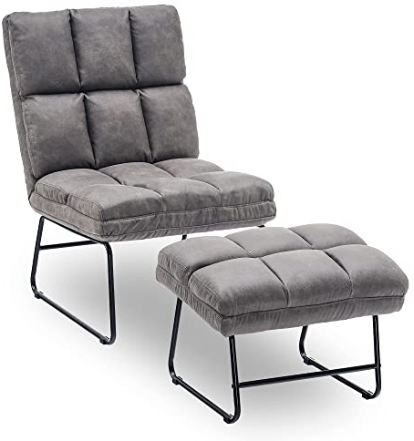MCombo Sessel mit Hocker, Relaxsessel für Wohnzimmer, moderner Fernsehsessel Loungesessel Stuhl, Mikrofaser, 0016 (dunkelgrau)