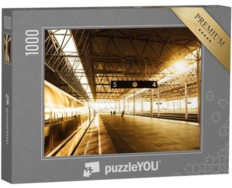 puzzleYOU: Puzzle 1000 Teile „Zughalt am Bahnhof mit Sonnenuntergang“ – aus der Puzzle-Kollektion Eisenbahn