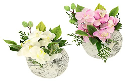 Flair Flower Künstliche Orchidee 17x20x10cm in Muschel Schale 2er Set Künstliche Blume Phalaenopsis Kunstorchidee Rispe Kunstpflanze, weiß/rosa