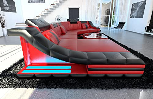 Couch Wohnlandschaft Turino CL Form Sofa in Leder - mit LED Beleuchtung, verstellbare Kopfstützen, Recamiere/Lederfarben wählbar/Ausrichtung wählbar (Ottomane Links, Rot-Schwarz)