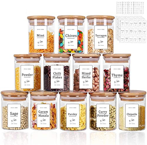 Yibaodan Glass Jars Set 330ml with 180 White Labels, 12 Set Spice Jars with Bamboo Lids Airtight Small Food Storage Canister for Home Kitchen Tea Herbs Coffee Flour Herbs Grains | Spice Jars with Bamboo Airtight Lids Small Food Storage Canister for Home Kitchen Tea Herbs Coffee Flour Herbs Grains