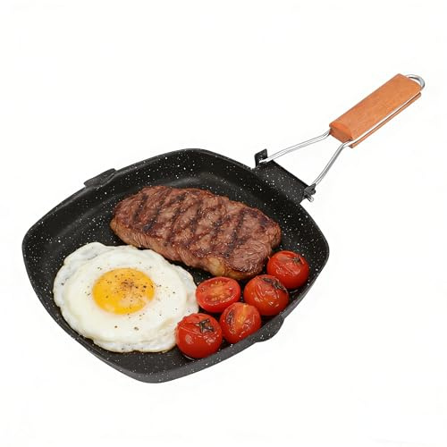 Poêle à griller en acier, poêle à griller antiadhésive, poêle à frire extérieure ménage pliante poignée en hêtre économie d'énergie antiadhésive rayures steak spécial poêle à griller(24*24cm)