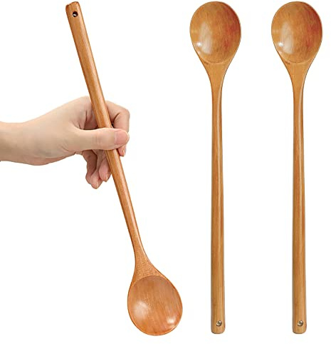UPTALY Lot de 3 cuillères à mélanger à long manche (34 cm x 5 cm), pour casseroles profondes, bois naturel, sans colle, sans épissure, cuillère à mélanger étendue, louche plate pour la cuisine