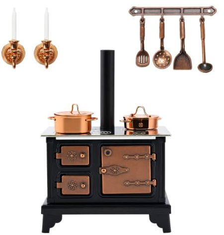 1/12 Miniature Furniture Cooking Stove Mini Retro Metal Stove with Miniature Wall Candle Holder Mini Pots Mini Spoon Shovel Cookware Tools for 1:12 Scale Kitchen Decoration