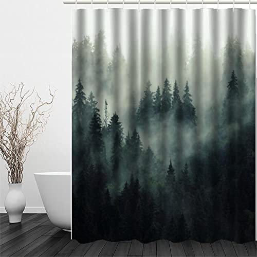 OENISE Anti-Schimmel Duschvorhang 180x180 Tannenwald Wasserdicht Polyester Stoff Shower Curtains mit 12 Duschvorhangringen für Dusche Badewanne Duschvorhänge Retro-Wald Badezimmer Badvorhang