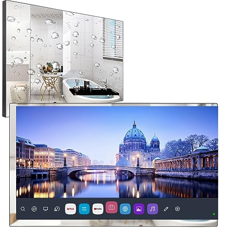 Soulaca Smart TV 4K UHD da 32 pollici per bagno, pannello a specchio, telecomando magico, guarda Netflix, PrimeVideo, Alexa integrato, impermeabile IP65,HEVC Main10