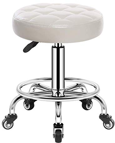 Drehhocker auf Rollen, Verstellbarer Rollhocker, 46–61 cm, gepolsterter Sitz mit Kunstlederbezug, Arbeitshocker für Kosmetikstudio, Büro, Weiß (Weiß)