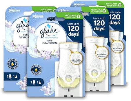 Glade Plug in Air Freshener Holder and Refill, Electric Scented Oil Room Air Freshener, Clean Linen, Pack of 4 Starter Kits, (4 x Holder and 4 x 20 ml Refill)