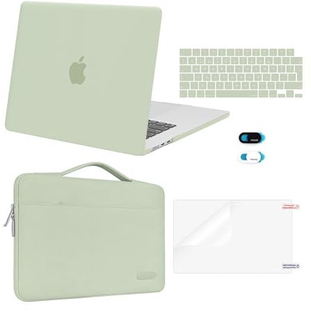 MOSISO Funda Compatible con MacBook Air 15 Pulgadas M4 M3 M2 2025 2024 2023 A3241 A3114 A2941 Touch ID, Plástico Carcasa&Bolsa Manga&Tapa Teclado&Pantalla Protector&Cubierta Webcam,Verde Salvia