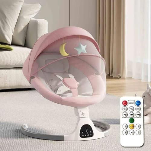 Bluetooth-Baby-Schaukel für Säuglinge, 5 Geschwindigkeit Musik-Lautsprecher mit 12 voreingestellten Schlaflieder, Fernbedienung Indoor-Baby-Wippe mit Touchscreen Stuhl für 0-9 Monaten (Pink)